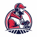 Gamer icon with hat, hoodie, headphones, and game controller in a circle Royalty Free Stock Photo