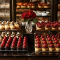 A visually appealing dessert display, featuring intricately decorated cakes with fruit toppings like raspberries Royalty Free Stock Photo