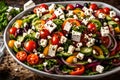 A visually appealing display of a fresh and colorful Greek salad, highlighting the crispness of the vegetables and the tangy feta