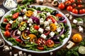 A visually appealing display of a fresh and colorful Greek salad, highlighting the crispness of the vegetables and the tangy feta