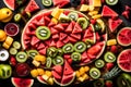 A visually appealing display of a fresh fruit platter, featuring slices of watermelon, pineapple, kiwi, and other seasonal fruits