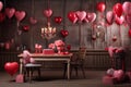 A visually appealing image displaying Valentine-themed decor, including heart-shaped balloons, garlands, and festive ornaments,