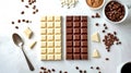Delicious white and dark chocolate bars with coffee beans on a white surface. Perfect for food photography, digital art Royalty Free Stock Photo