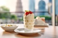 A visually appealing shot of a panna cotta dessert, with the historic Leaning Tower of Pisa gently out of focus in the backdrop.