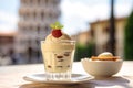 A visually appealing shot of a panna cotta dessert, with the historic Leaning Tower of Pisa gently out of focus in the backdrop.