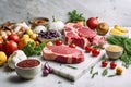 visually appetizing arrangement of various meats paired with assortment of fresh vegetables and fruits, serving as perfe