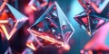 A visually captivating 3D abstract background showcasing floating metallic pyramids with
