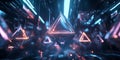 A visually captivating 3D abstract background showcasing floating metallic pyramids glowing with
