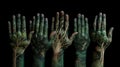 Hands painted with green forest images on black background