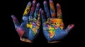 Hands painted with world map