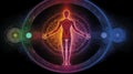 Chakra Diagram of human body on black background