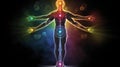 Chakra Diagram of human body on black background