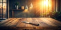 Rustic wooden tabletop with a single knife in warm sunlight, ideal for culinary or rustic-themed product displays. Generative AI Royalty Free Stock Photo