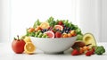 a bowl filled with a colorful assortment of fresh vegitables, greens, berries and fruits