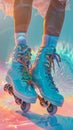 A visually captivating pair of roller skates in a vibrant teal color, adorned with intricate, multi-colored shoelaces