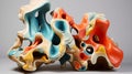 Vibrant Abstract Ceramic Sculptures on Wooden Display Shelf