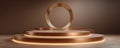 Elegant golden circular design on illuminated podium with ambient lighting Royalty Free Stock Photo