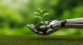 Robotic Hand Holding Soil with Sprouting Plant â Technology and Sustainability Concept Royalty Free Stock Photo