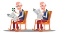 Visually Impaired Elderly Man Reading A Book Through A Magnifying Glass Vector. Isolated Cartoon Illustration