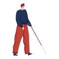 Visually impaired man walking with white cane, male with glasses and cane, disability and independence vector