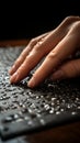 Visually impaired readers hands explore Braille book, feeling the embossed alphabet