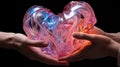 Visually intriguing photo heart shaped sculpture filled with swirling iridescent liquid. The play of light and colors within the