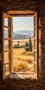 Visually Poetic Window View Of Tuscany Countryside In Borgo Pignano