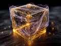 A visually striking, abstract image of data and technology showcased by a glowing cube with binary elements, surrounded Royalty Free Stock Photo