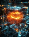 Dynamic glowing cube with digital data streams illustrating advanced technology and quantum computing concepts. Royalty Free Stock Photo
