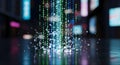 Abstract Digital Stream with Binary Code and Bubbles, Neon City Background Royalty Free Stock Photo