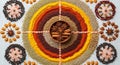 A visually striking arrangement of various spices forms a symmetrical mandala-like design on a Royalty Free Stock Photo