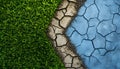 A visually striking contrast between flourishing green grass, cracked earth, and a blue surface Royalty Free Stock Photo
