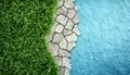 A visually striking contrast between flourishing green grass, cracked earth, and a blue surface Royalty Free Stock Photo