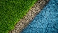 A visually striking contrast between flourishing green grass, cracked earth, and a blue surface Royalty Free Stock Photo