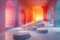 A visually striking corridor with arches, showcasing a gradient of colors from cool to warm tones.