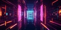 A visually striking 3D abstract background featuring infinite digital pathways stretching into a
