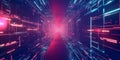 A visually striking 3D abstract background featuring infinite digital pathways stretching into a