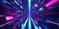 A visually striking 3D abstract background with a vast neon tunnel, filled with floating