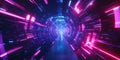 A visually striking 3D abstract background with a vast neon tunnel, filled with floating