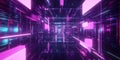 A visually striking 3D abstract background with a vast neon tunnel, filled with floating