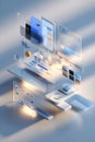 Abstract 3D rendering of a modern user interface with various interactive elements and data visualization Royalty Free Stock Photo