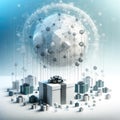 Futuristic Holiday Concept with 3D Rendered Gift Boxes and Global Network, AI Generated