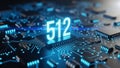 512 Tech Capacity: Glowing Number on Futuristic Microchip & Circuit Board. Digital Data, High-Speed Computing, AI & Big Data Conce Royalty Free Stock Photo