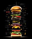 Exploded Gourmet Burger with Blueprint Elements Royalty Free Stock Photo