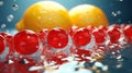 Display of yellow lemons, transparent ice cubes, and red spheres, Royalty Free Stock Photo