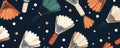 Seamless pattern of vibrant badminton shuttlecocks on dark background