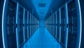 Futuristic Data Center Server Room Hallway with Blue Neon Lights, Seamless Loop Royalty Free Stock Photo