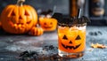 A visually striking Halloween cocktail presentation featuring an orange colored beverage served in a rocks glass adorned with a Royalty Free Stock Photo