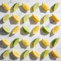 Checkerboard Pattern of Fresh Lemon and Lime Wedges on White Marble Background with Sunlight and Shadows AI-GENERATED Royalty Free Stock Photo