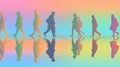 Silhouettes of People Walking Reflected in Water with Pastel Colors Royalty Free Stock Photo